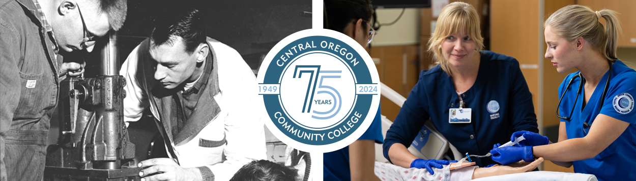 COCC 75th Anniversary then and now collage. The then photo (black and white) features early automotive students and their teacher working on an engine. The now photo features nursing students working hands-on with a faulty member in a state-of-the-art facility.