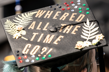 Student wearing graduation hat saying- Whered all the time go?!