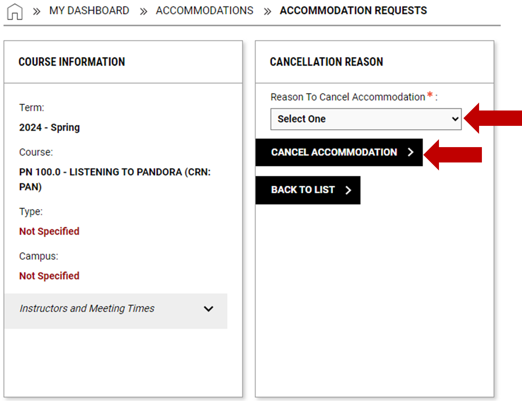 Cancellation Reason box. Pointing to drop-down menu to select one. Also pointing at Cancel Accommodation button