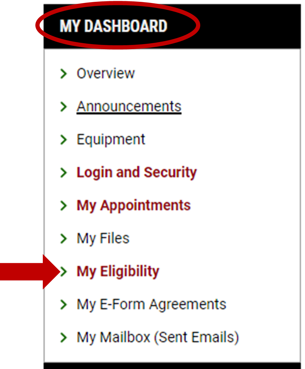 Screenshot of My Dashboard with bold red circle around it. Red Arrow pointing to My Eligibility tab