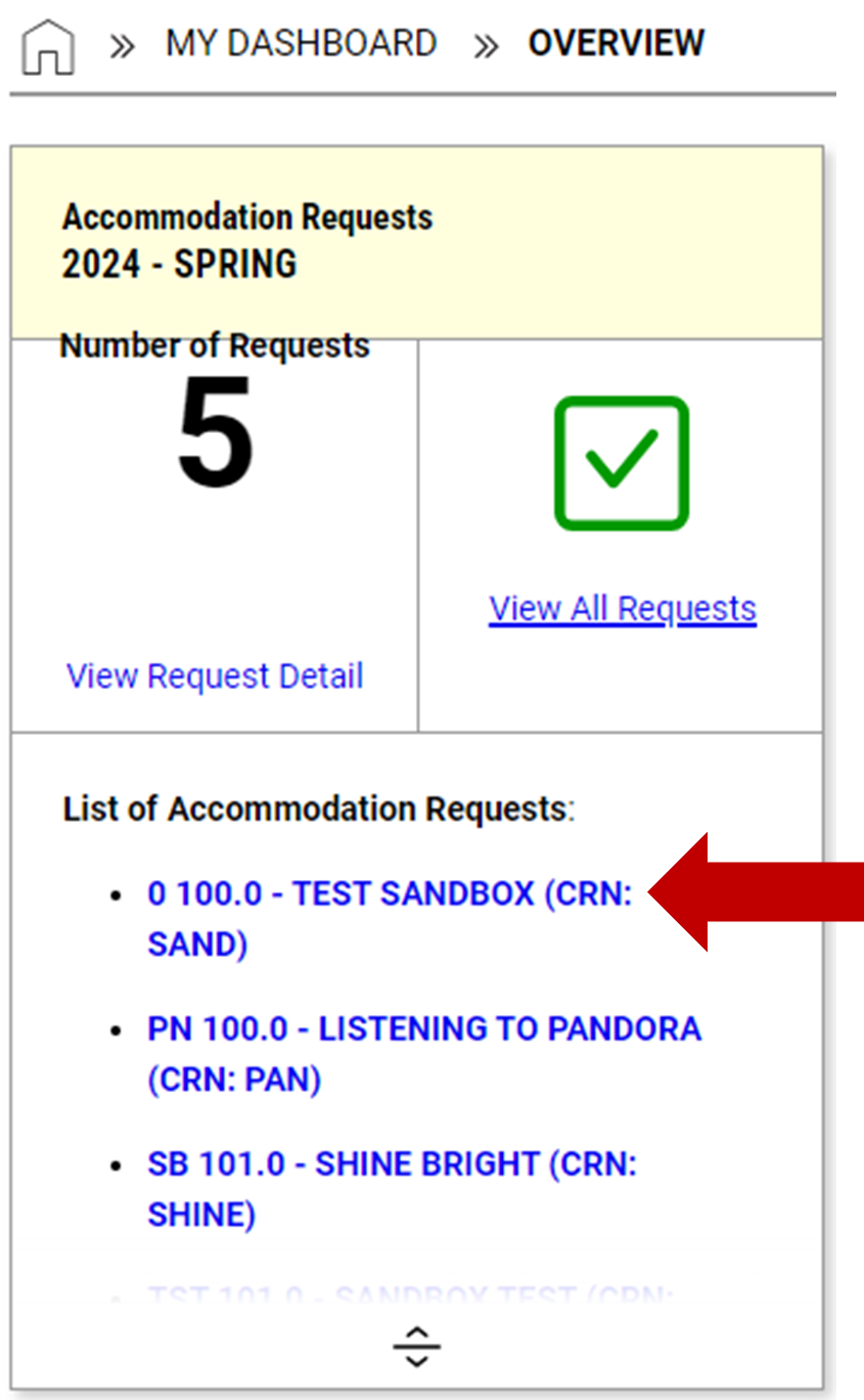 Accommodation Requests box pointing at a course link under List of Accommodation Requests: