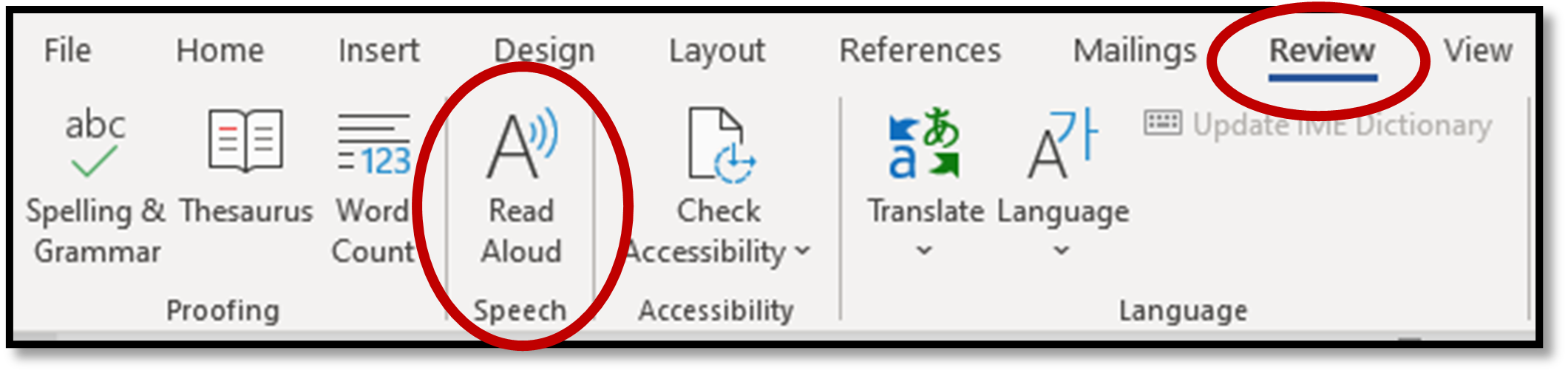 Screenshot of Microsoft Word tool bar with bold red circle around Review tab and Read Aloud icon