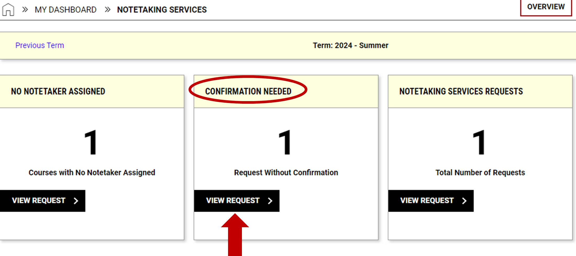 Screenshot of notetaking services page. Red bold circle around middle box title confirmation needed. Red arrow pointing upward to view request button.