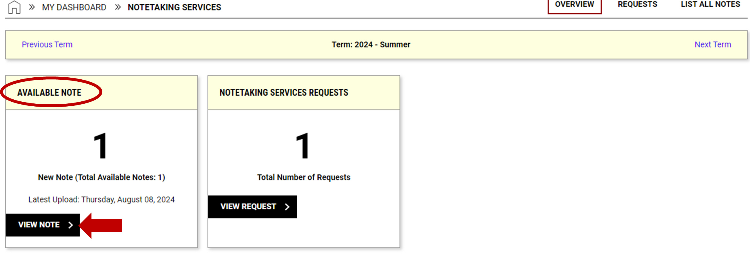 Screenshot of notetaking services page with red bold circle around title Available Note on the first box. Red arrowing pointing to view note button.