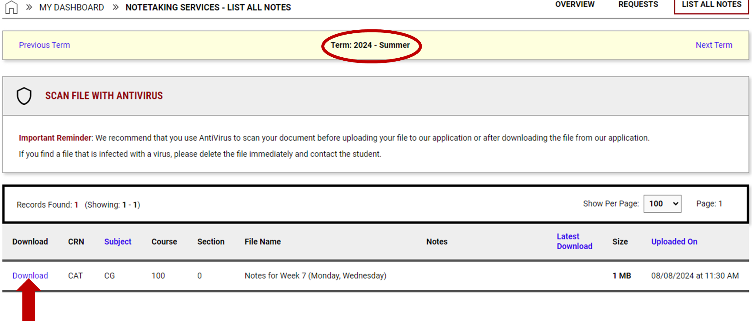 Screenshot of notetaking services - list all notes page. Red bold circle around term: 2024 - Summer. Red arrow pointing upward to blue Download button.