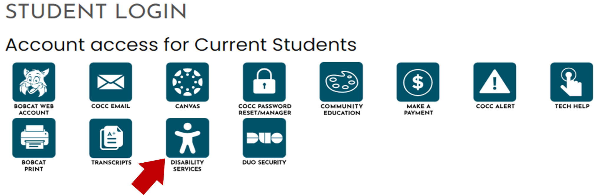 Student Login Pointing to Disability Services icon