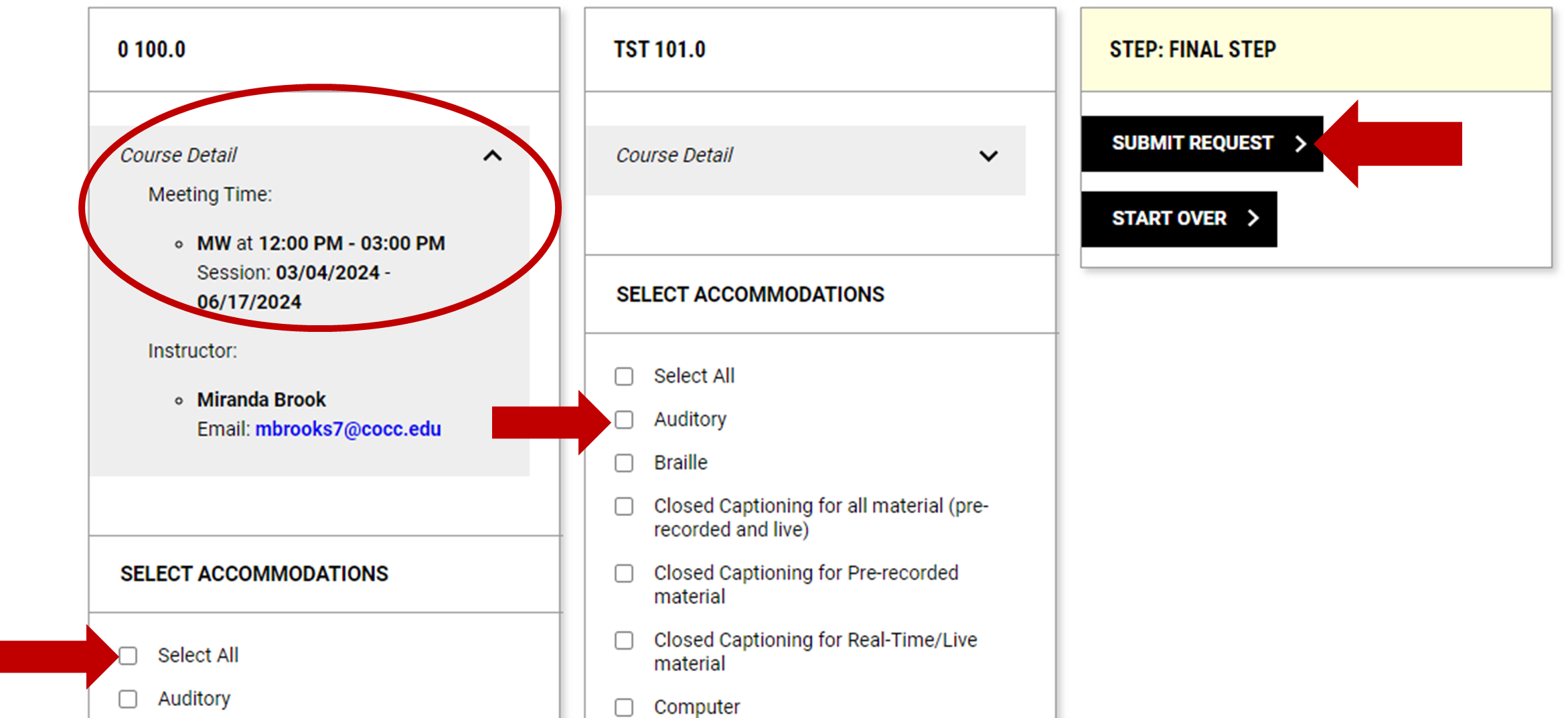 Showing selecting accommodations for courses page. Circling where to view course detail. Pointing at checkboxes to select accommodations. Also pointing at submit request button.