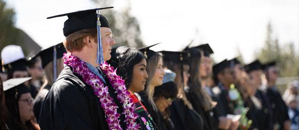 Group of graduates standing in line during an outdoor graduation ceremony, wearing caps and gowns. One graduate in the foreground is adorned with a purple flower lei.