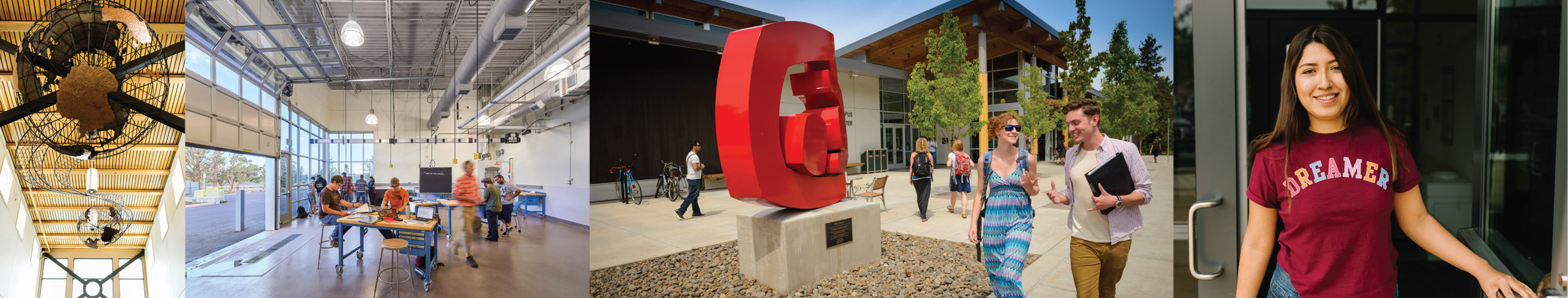 Collage of campus scenes at COCC: A globe sculpture in a modern hallway, students working in a hands-on workshop, a red 'C' sculpture outside a campus building with students walking nearby, and a smiling student wearing a 'Dreamer' t-shirt at an entrance.