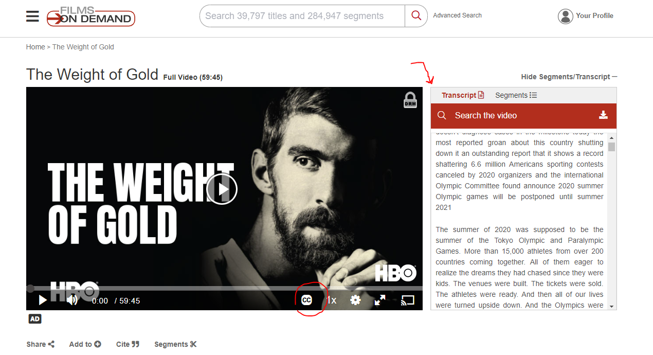 Video player showing the CC button in video controls and the interactive transcript next to the video. 