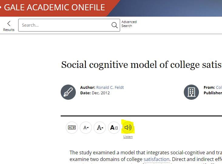The Gale listen button activates the readspeaker feature to read the text of an article aloud.