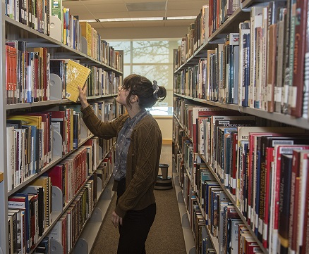 Person browsing upstairs book shelves