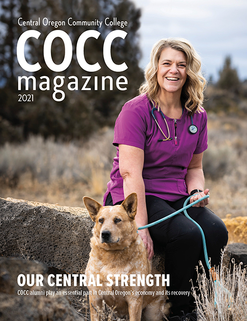 COCC graduate Jill  Ward with Gunner, a shelter dog seeking adoption from Redmond’s BrightSide  Animal Center, partner to the Vet Tech training program. Photo by Timothy Park.