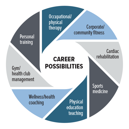 Exercise science careers infographic lists careers in exercise science: Occupational/physical therapy, corporate/community fitness, cardiac rehabilitation, sports medicine, physical education teaching, wellness/health coaching, gym/health club management, personal training