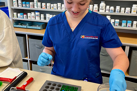 A pharmacy technician student in the classroom.