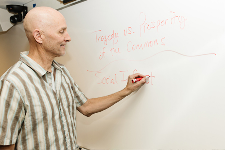 Sociology Professor Writing Tragedy vs Prosperity of the commons on whiteboard